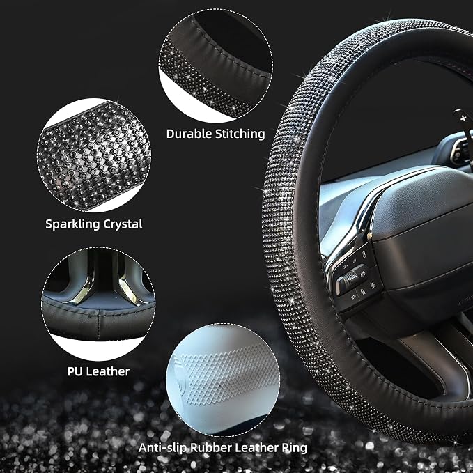 New Diamond Leather Steering Wheel Cover with Bling Crystal Rhinestones | Universal Fit 15 Inch Car Wheel Protector for Women Girls Black Diamond - Image 5