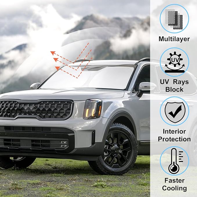 Windshield Sun Shade Sunshade for 2020-2025 Kia Telluride | Full covered for windshield, Foldable & Durable, Block UV Rays, Reduce Heat, Easy to install, Keeps Car Cooler - Image 2