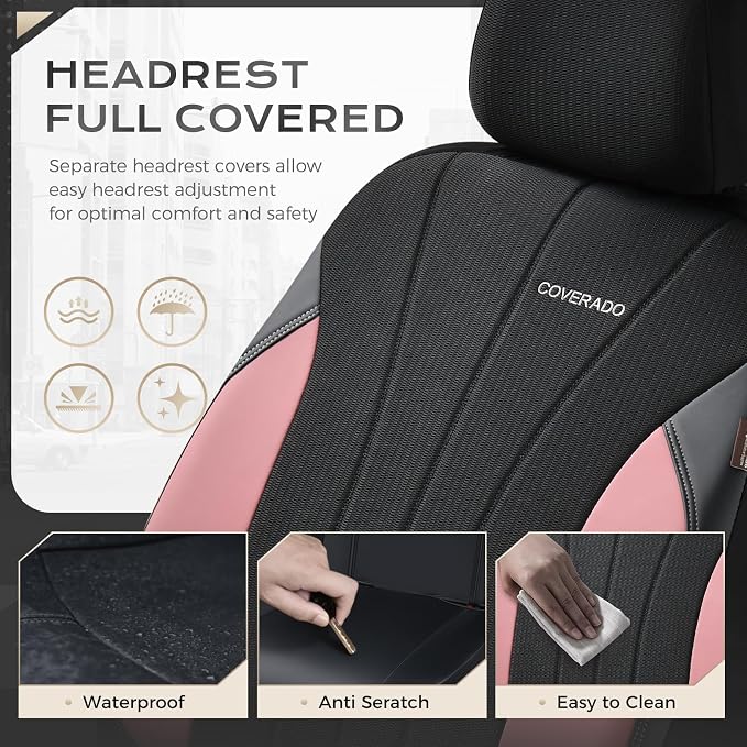 Coverado Seat Covers 5 Seats, Luxury Car Seat Covers Full Set, Automotive Car Protectors, Pink Driver Seat Covers, Car Accessories Universal Fit for SUVs, Trucks, Sedans - Image 8