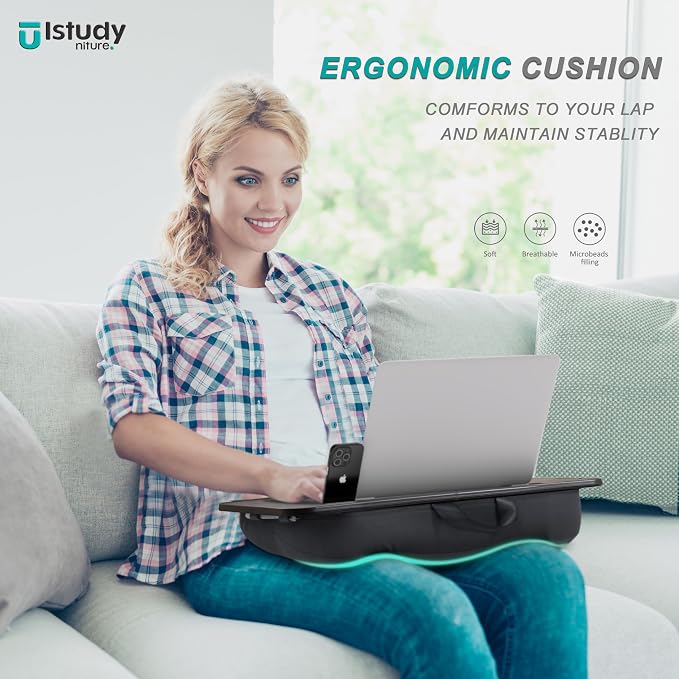 Istudyniture Lap Desk | Portable Laptop Desk & Stand – Fits Up to 15.6 inch – Washable Cushion, Built-in Phone Holder – for Bed, Couch, Sofa, Floor – Writing, Reading, Home Office – Small, Black - Image 3