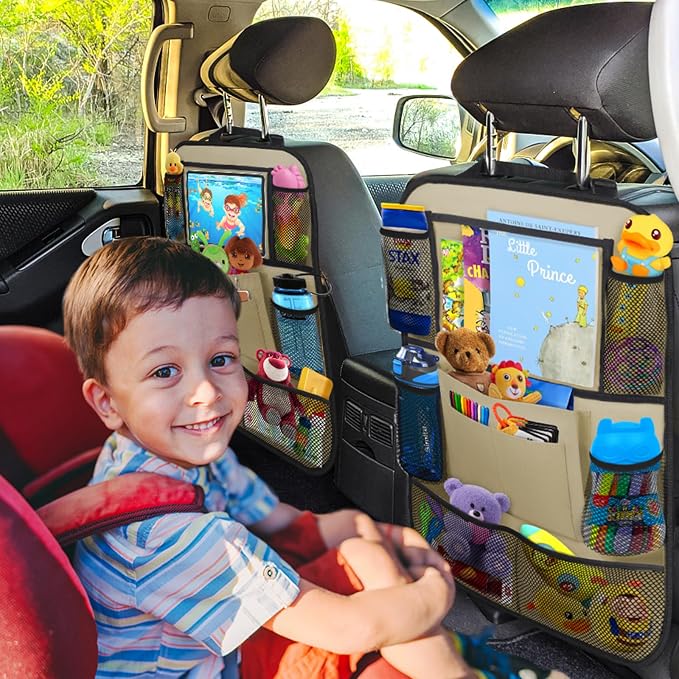 Backseat Car Organizer w/ 10 Storage Pockets 11" Tablet Holder, 2 PCS Beige | Car Organizers and Storage Kick Mats Back Seat Protector w/ Touch Screen Tablet Holder for Kids Toddlers, Travel Accessories - Image 7