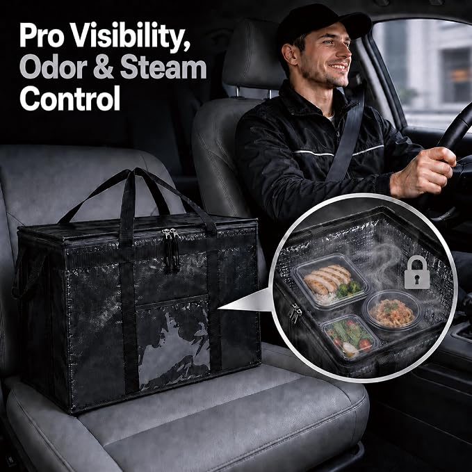 NZ home PRO Large Insulated Food Delivery Bag (3XL, Black, 1 Pack) | Thermal bag, For cold & hot food, Water-resistant, Portable cooler, Soft sided catering tote, Grocery bag with zippered top - Image 4