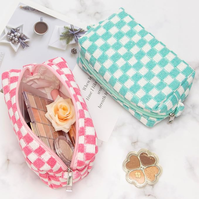 Checkered Makeup Bag for Purse, Small Travel Cosmetic Pouch,Pink,2 Pack | Cute Zipper Makeup Organizer for Women, Travel Essentials, Toiletries, Makeup Brushes, Beauty Accessories&Bridesmaid Gifts - Image 4