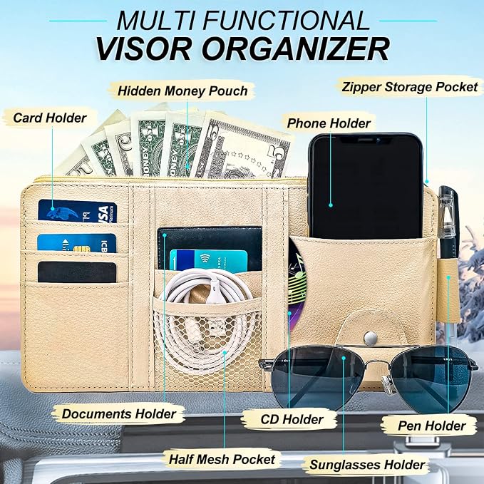 Keedolla Car Sun Visor Organizer Auto Interior Accessories Pocket Organizer, Sunglasses Holder Car Truck Visor Storage Pouch for Cards, Pens and Document - Beige - Image 2