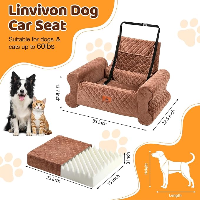 Dog Car Seat for Medium/Large Dogs up to 60LBS Memory Foam Dog Booster Seat | with Thick Cushion, Pet Car Seat for Back with Detachable Washable Cover, Storage Pockets for SUV, Pick Up, Trunk, Brown - Image 2