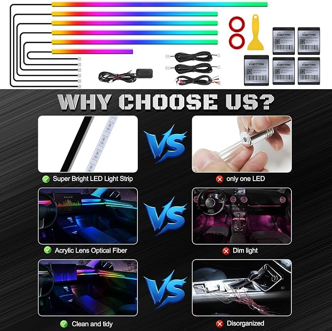 Dreamcolor Acrylic Interior Car LED Strip Light with Wireless APP, RGB 6 in 1 with 175 inches 593 LEDs Fiber Optic Strip Lights for Car, Music Sync Neon Car Ambient Neon Lighting Kits - Image 5