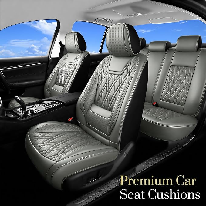 Car Seat Covers Compatible with GMC Terrain 2010-2025 2026 - Full Set 5 Seats Luxury Leather All-Weather Seat Cushions & Protectors, Waterproof & Breathable, Airbag Compatible (Grey) - Image 2