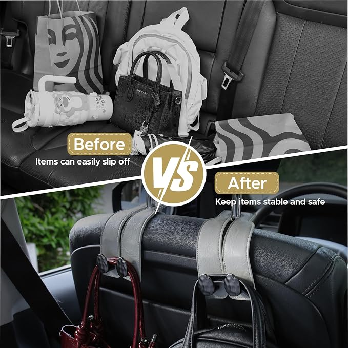 Leather Car Purse Hook for Headrest, 2 Pack (Grey-Black) | Twin Hooks Headrest Hangers, 2/4 Pack, No-Slip, Scratch-Proof, Holds Purses, Backpacks, Grocery Bags, Car Organizer Gift - Image 5