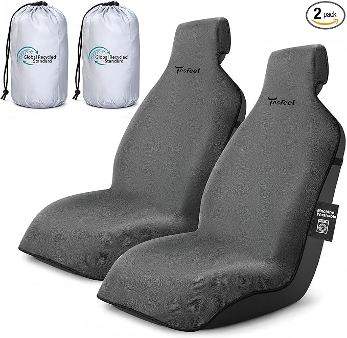 Car Seat Cover Towel 2PCS, 1200g Ultra-Thick Absorbent Terry Cloth Seat Protector for Post-Gym Sweat & Beach, Universal Fit for Sedans SUV Trucks, Machine Washable Interior Protection (Gray) by TESFEEL