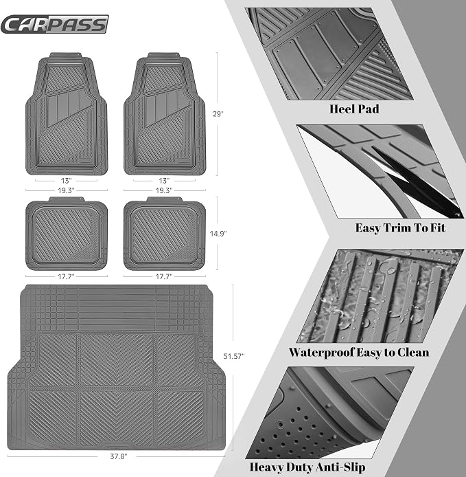 CAR PASS Heavy Duty Rubber Floor Mats Gray Car Mats Full Set with Trunk Cargo Liner - Universal Waterproof Floor Mats for Car SUV Truck, Durable All Weather Automotive Liner Mats (All Gray) - Image 2