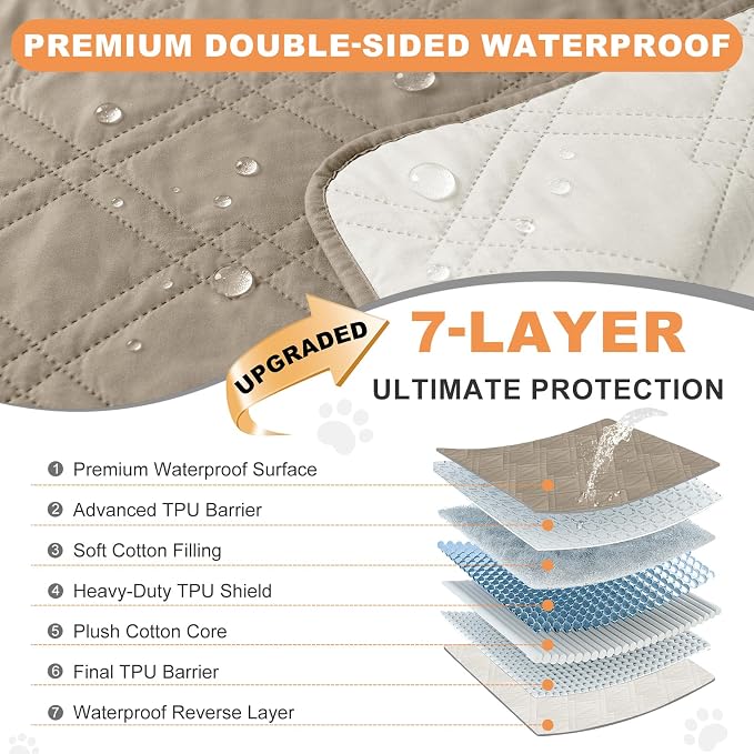 100% Waterproof Washable Dog Blanket，Khaki+Off White 30"x30" | ,7-Layer Reversible Couch Covers for Dogs Met for Sofa Furniture Car Camping - Image 2