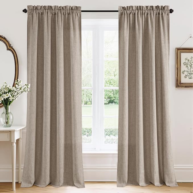 RYB HOME Linen Sheer Curtains 90 inches Long for Living Room | Breathable, Weave Textured, Rod Pocket, Semi Sheer, Oatmeal, for Dining Room, W52 x L90, 2 Panels Set by RYBHOME