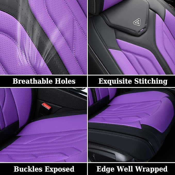 Coverado Car Seat Covers Full Set, Car Seat Protectors Leather Seat Covers for Cars, Automotive Seat Covers Car Accessories Universal Fit for Most Sedans SUV Pick-up Truck(Black&Purple) - Image 8