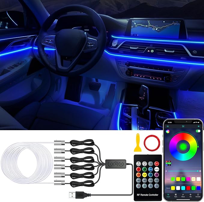 Jushope Car LED Lights, Interior Car Lights with Wireless APP/RF Remote/Button Control, Car Ambient Lighting Kit with 315" Integrated Molding Fiber Optic RGB Sync to Music (6 in 1-USB) by Jushope
