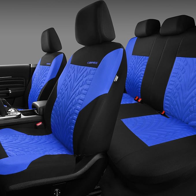 CAR PASS Car Seat Covers Full Sets, Front & Split Rear Bench for Car, 3D Tyre Embossed Automotive Interior Covers, Airbag Compatible, Quick Setup Universal Fit Seat Covers for Car, SUV(Black Blue) - Image 5