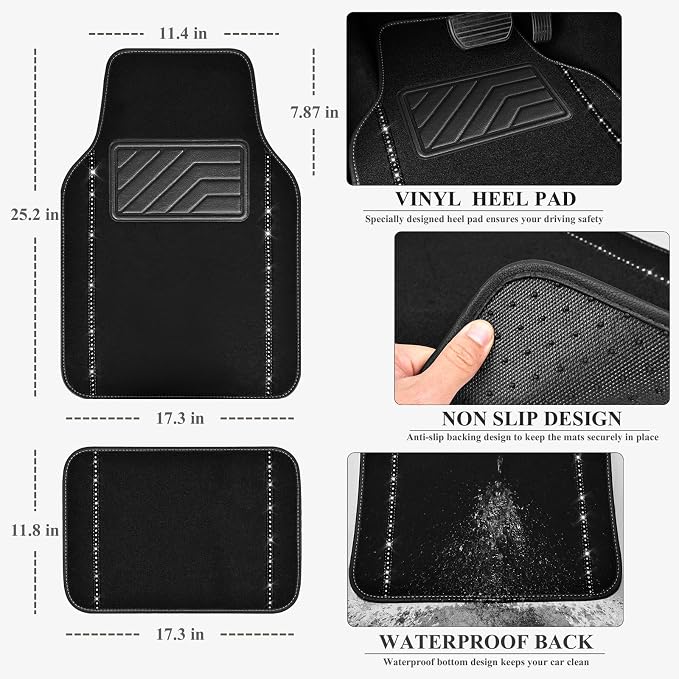 CAR PASS 14 PCS Bling Diamond Car Accessories Set for Women, Leather Seat Covers Front Seats Sparkly Rhinestone 15'' Steering Wheel Covers Shining Diamond Car Floor Mats Cute Interior Sets, Silver - Image 7