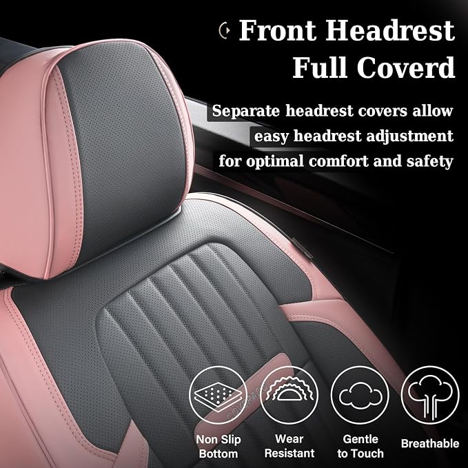 Coverado Car Seat Covers Full Set, Nappa Leather Seat Covers for Cars, Waterproof Car Seat Covers Front Seats and Back, Automotive Car Seat Protector Car Seat Cushion Fit for Most Cars (Pink&Grey) - Image 5