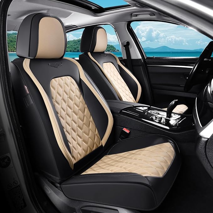 Coverado Car Seat Covers Front Seats, Durable Waterproof Faux Leather Full Set with Rear Protectors, Classic Easy-Clean Interior for Most Vehicles – BlackBeige by COVERADOAUTO