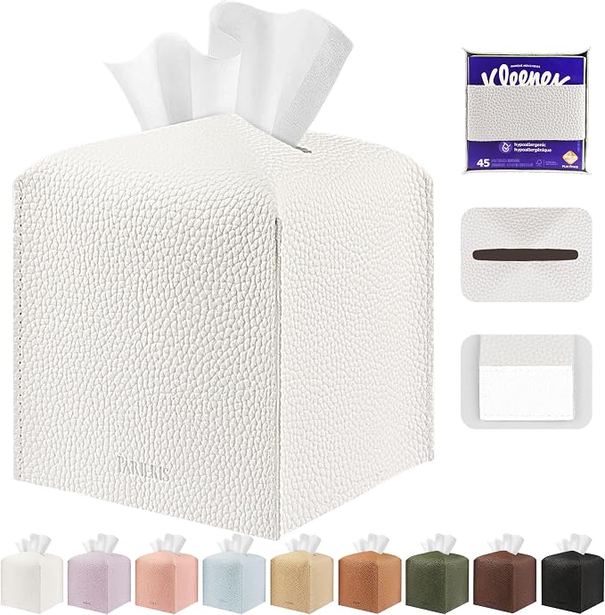 Tissue Box Cover Holder Square Tissue Cube Cover PU Leather Tissue Organizer with Bottom Belt for Bathroom, Tabletop, Car, Night Stands, Office, Home, Kitchen (1, White) by DecorateYourHome