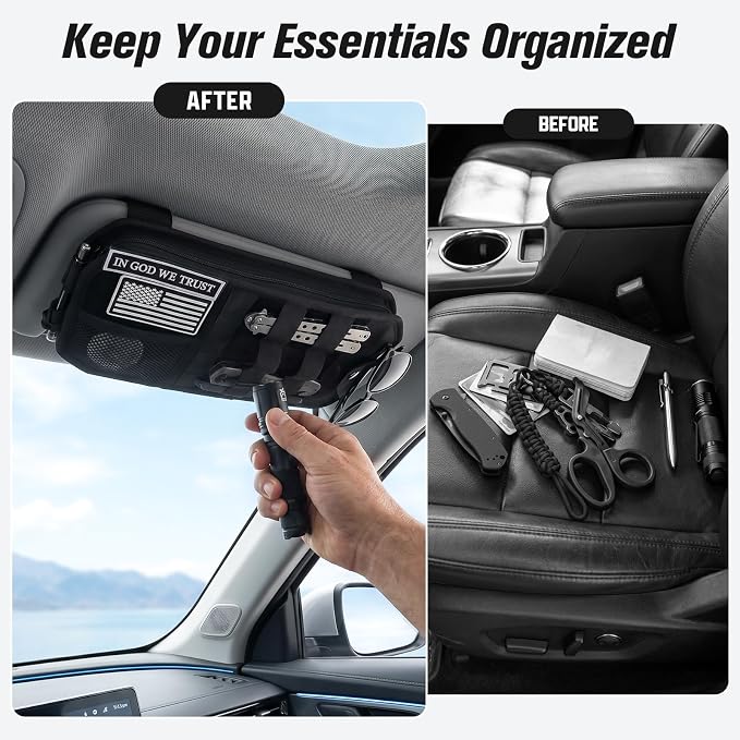 1000D Polyester Car Sun Visor Organizer with Sunglasses Holder | Tactical Organizer, MOLLE Panel, Universal, Mesh Pouch + Pen Slots + Zipper Pockets, Heavy Duty, Esay Installation - Image 4