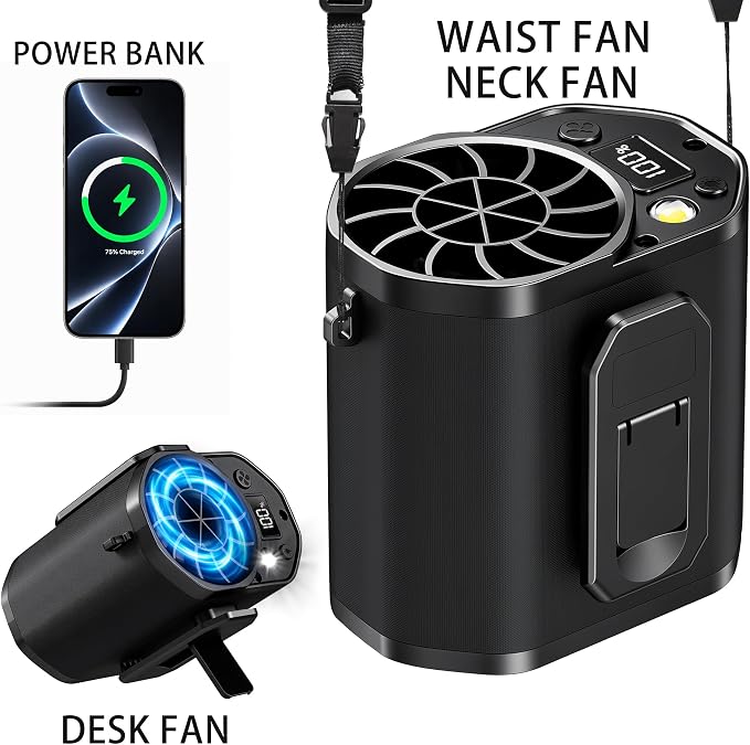 Waist Fan with Clip on: Portable 4-Speed Enlarged Fan-blades Personal Belt Fan with LED Light 6-11H of Working Time Hands-Free Neck Fan - Image 2