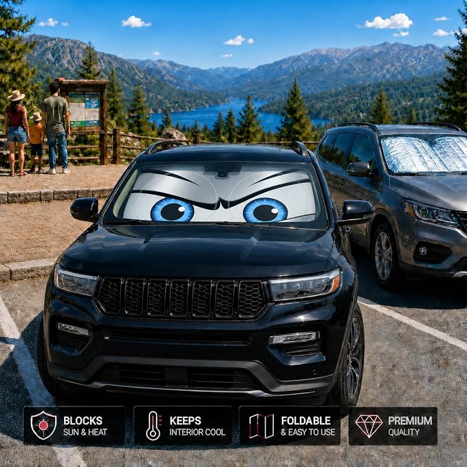 Car Windshield Sun Shade, Universal Fit Midsized Sedan SUV, Sporty Silver | 61 x 31.5" Windshield Cover, Foldable Front Window Sunshade, UV Heat Protection, Cute Eyes Series - Image 7