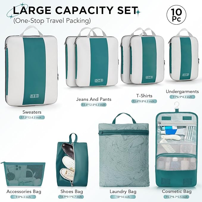 OlarHike 10 Set Compression Packing Cubes for Travel Essentials,Compressible Expandable Space Saver Bags for Organizing Clothes,Luggage Garment Bags with Over 1000 pcs Mesh Holes(Dark Blue Green) - Image 2