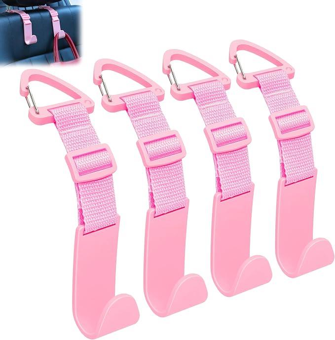 Amooca 4 Pack Anti-drop Headrest Hooks Adjustable Car Seat Organizer | Universal Fit with Clip, Hanger for Backpack Umbrella Water Bottle Coat Purses Handbags Groceries, 40lb Heavy Duty, Pink by Amooca