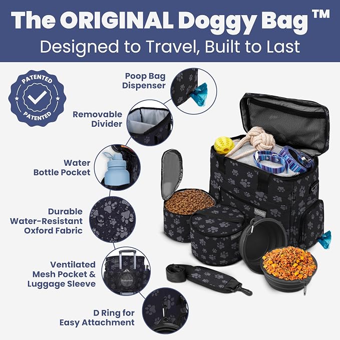 Rubyloo Original Doggy Bag™ Dog Travel Bag for Supplies with Travel Bowls | 2 BPA-Free Collapsible Bowls, 2 Pet Food Containers, TSA-Ready, Road Trips, Camping, Weekend Getaways, Doggy Gift, Paw Print - Image 2