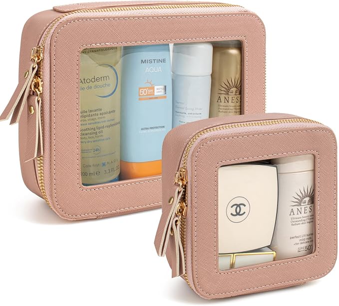 KOTORA Sunscreen Bag Clear Makeup Set,Portable Travel Toiletry Pouch Beach Vacation Essentials for Women, Vegan Leather Cosmetic Pouch Car Essentials Pink Car Accessories for Girls (Nude Pink) T - Image 2