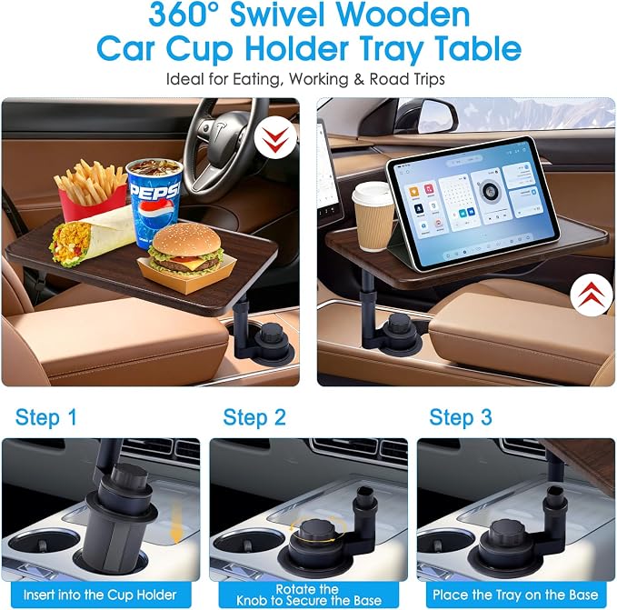 Car Desk for Laptop, 360° Swivel, Height Adjustable Wood-Grain Tray | Tool-free install, fits 2.8"-3.9" cup holders. Scratch-resistant wood-grain finish. For laptop work, dining, or passenger use - Image 5