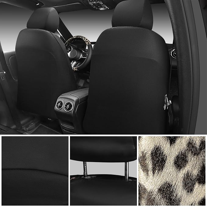 CAR PASS Leopard Print Faux Leather Car Seat Covers & Leopard Car Mats&Leopard Steering Wheel Cover Seat Belt Universal Car Accessories for SUV,Van,Saden,Truck Automobile Interior Sets(Gold Black) - Image 4