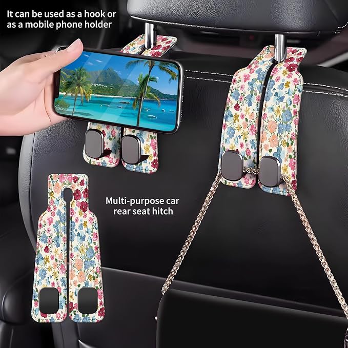 Car Seat Back Storage Headrest Hook, Premium Leather Double Metal Hook, Hanger Storage Organizer for Purse Cloth Bag, Car Interior Accessories Colorful Boho Flowers - Image 2