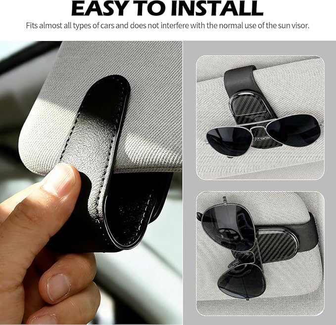 T-carbon 2 Pack Sunglass Holder for Car Sun Visor | Magnetic Leather Glasses Holder,Carbon Fiber Sunglasses Holder and Ticket Card Clip,Car Accessories Interior,Glossy Black - Image 5