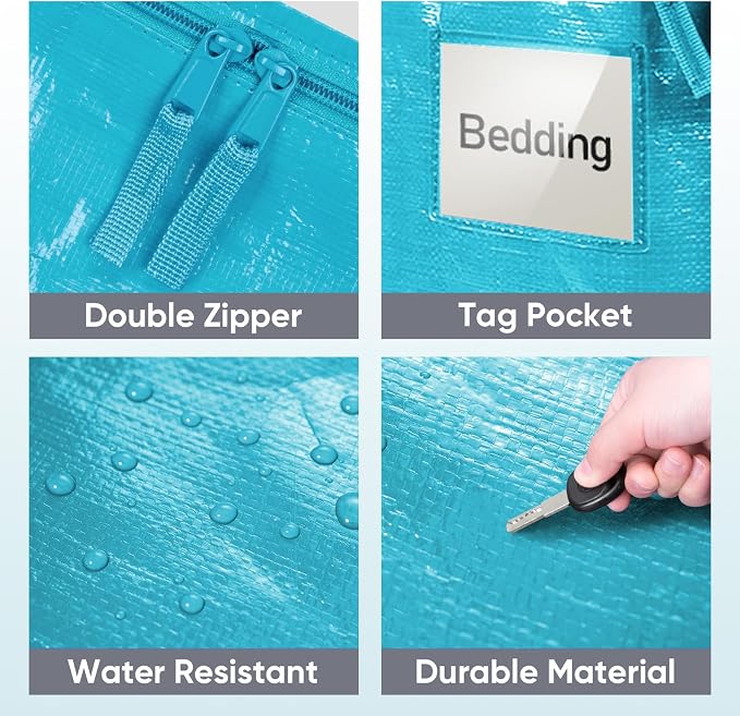 TICONN 2 Pack Extra Large Moving Bags Heavy Duty with Zippers & Carrying Handles, Durable Storage Bags Moving Boxes for Closet Organizers and Storage (2 Pack, Aqua) - Image 6