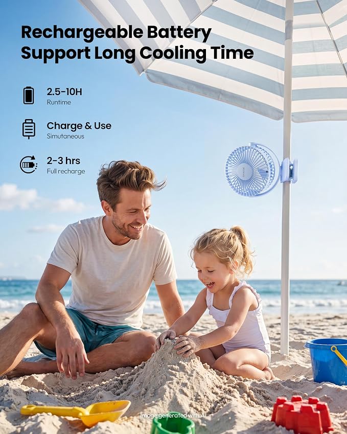 Gaiatop Portable Clip on Fan, Mini Personal Quiet Rechargeable Fan | Battery Operated, Small 3 Speed 360° Rotate, Cooling for Desk Table Home Office Stroller Camping Women Gifts Light Blue - Image 4