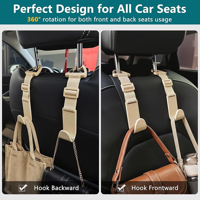 Amooca 4 Pack Anti-drop Headrest Hooks Adjustable Car Seat Organizer | Universal Fit with Clip, Hanger for Backpack Umbrella Water Bottle Coat Purses Handbags Groceries, 40lb Heavy Duty, Beige - Image 3