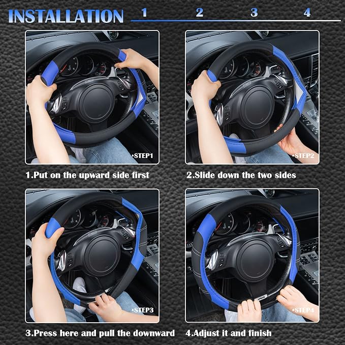 CAR PASS Line Rider Microfiber 14 Inch Leather Sporty Steering Wheel Cover Universal Fits for Truck,SUV,Cars, Anti-Slip Safety Comfortable Desgin (Black-Blue) - Image 5