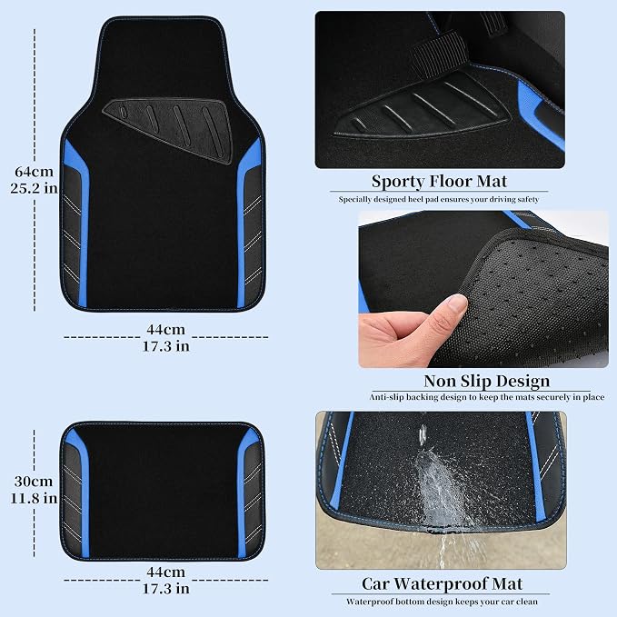 CAR PASS Leather Steering Wheel Cover and Waterproof Car Floor Mats,Microfiber Universal Car Combo Fit for 95% Sedan,SUV,Cars,14.5-15inch Sporty Anti-Slip Safety Comfortable Design(Black＆Blue) - Image 6