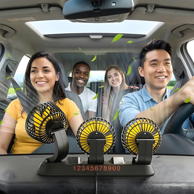 12V Car Cooling Fan with Cigarette Lighter Plug, 3-Head Portable Fan, 2-Speed Adjustable, 360° Rotating, Powerful Airflow for Vehicle Truck SUV RV Auto - Image 4