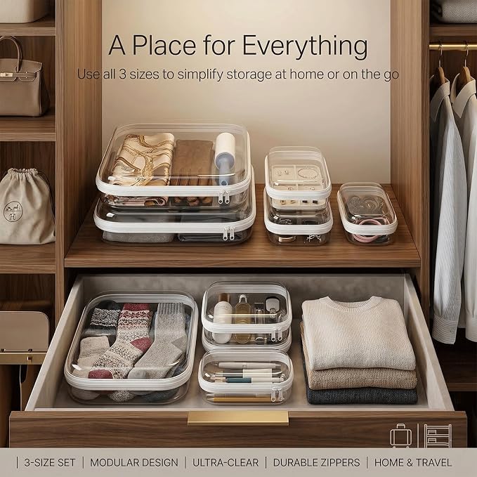 6 Pack Clear Hard Shell Zipper Case, See-Through Hard Plastic Organizer Pouches Zipper for Travel - Toiletries, Electronics, Pencils, Makeup, Secure Storage Design, 3 Sizes (2 Small/2 Medium/2 Large) - Image 9