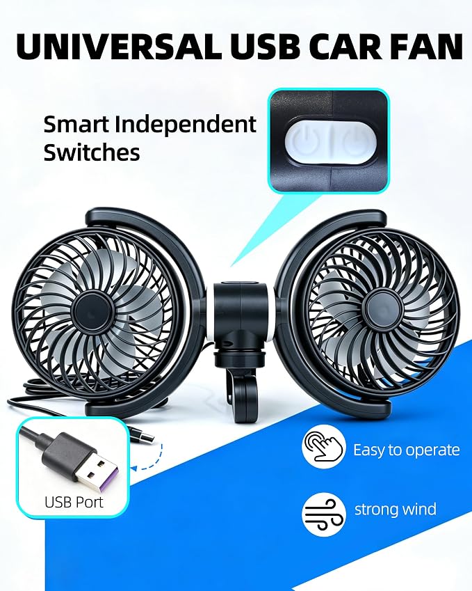 CONPEX Fan for Car Back Seat, Car Fan for Baby Rear Facing, Quiet Brushless Motor, 3-Settings, 360°Rotatable, 5a/2v Usb Carseat Fan for Vehicles Suv Rv - Image 2