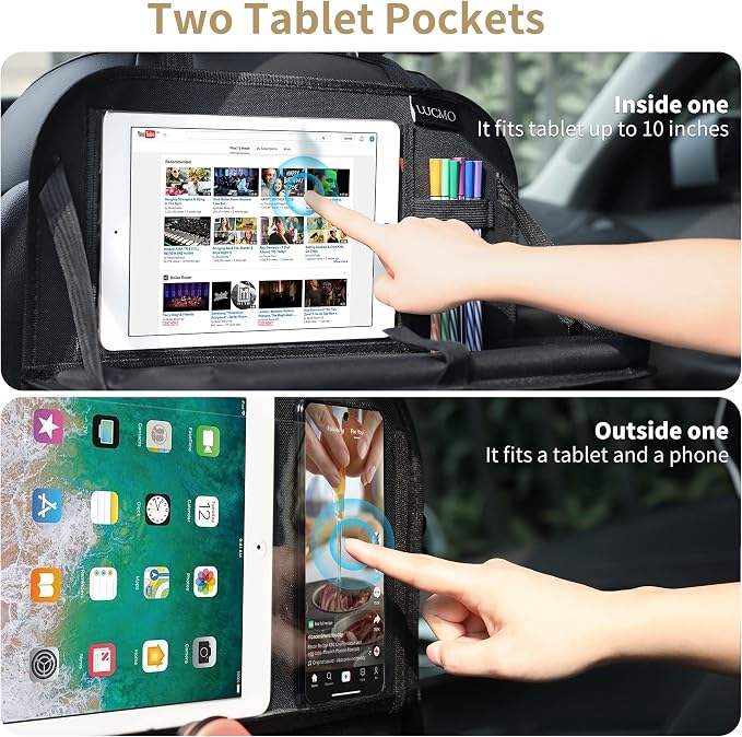 LUCMO Car Backseat Organizer with Foldable Tablet Holder, Black | 6 Storage Pockets,Foldable Food Tray,Protectors Kick Mats,Travel Accessories,Seat Cover,Road Trip Essentials - Image 4