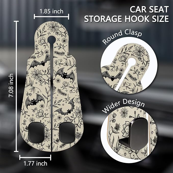 Blusabaca 2PCS Car Seat Headrest Hooks, Purses Bags Holder, Goth Bats | PU Leather, Double Metal Back Storage Hangers for Grocery Bags Handbags Bottles Coats Phones, Car Accessories Organization - Image 5