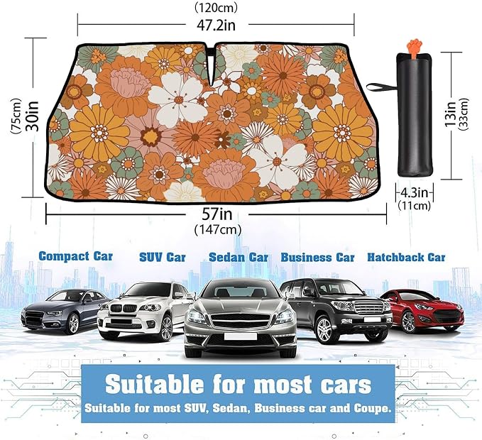 2025 Upgrade Womens Cute Car Windshield Sun Shade Umbrella 5 Layers Nano Coatings Flower Floral Car Front Window UV Block Sunshade Cover for Most Cars SUV Universal Size 57"x30" - Image 2