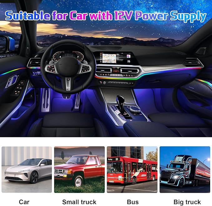 Acrylic Interior Car LED Strip Light RGB Dreamcolor 10 in1 with Wireless APP, 175 inches 593 LED 16 Million Color Fiber Optic Automotive Ambient Light Kits Music Sync Sound Activated Car Neon Lights - Image 3
