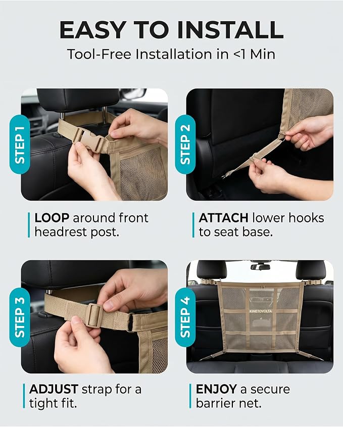 Dog Car Net Barrier, 9-Grid Reinforced, Dog car Barrier | Includes dog seat belt for car. Front & rear pockets. Breathable, easy install. Fits as dog barrier for SUV, sedans & trucks. - Image 6