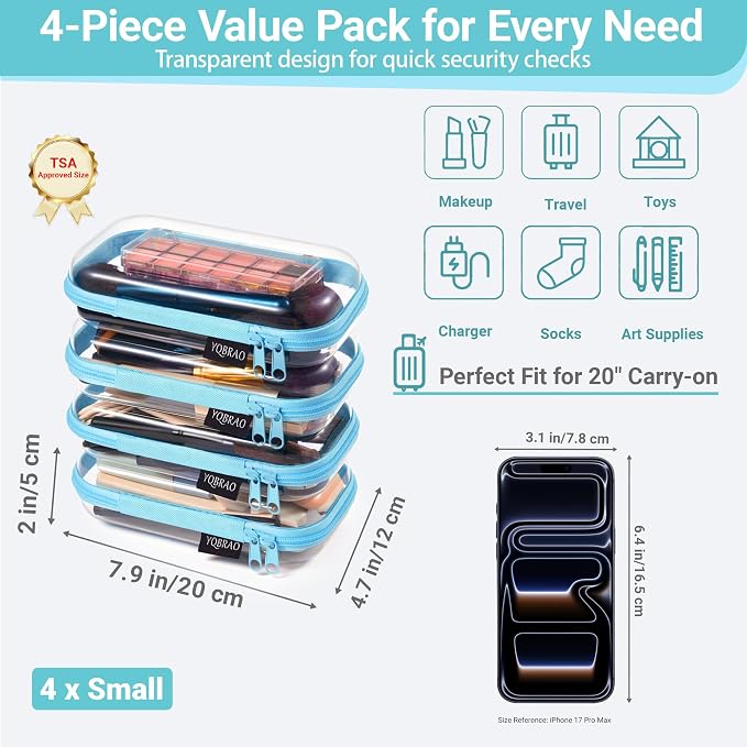 YQBRAO Clear Hard Shell Zipper Cases, 4 Small Cable Organizers, Blue | Rigid 1.2 mm PET and YKK dual zippers for cosmetics, charging cords, pens and travel accessories - Image 4