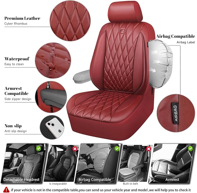 CAR PASS Piping Luxury Faux PU Leather Two Front Car Seat Covers, Waterproof Anti Slip Premium Automotive Seat Covers,Universal Fit for Suvs,Vans,Trucks, Armrest Airbag Compatible, Burgundy Red - Image 3