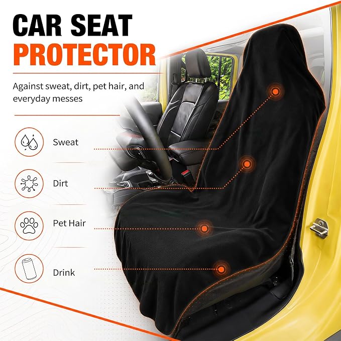 Waterproof Towel Car Seat Cover, Universal Fit Front Bucket, Black | Non Slip Soft Waterproof Absorbent instantly Sweat Protector, for Gym Workout, Swimming, Beach, Soccer, Pet travel - Image 4